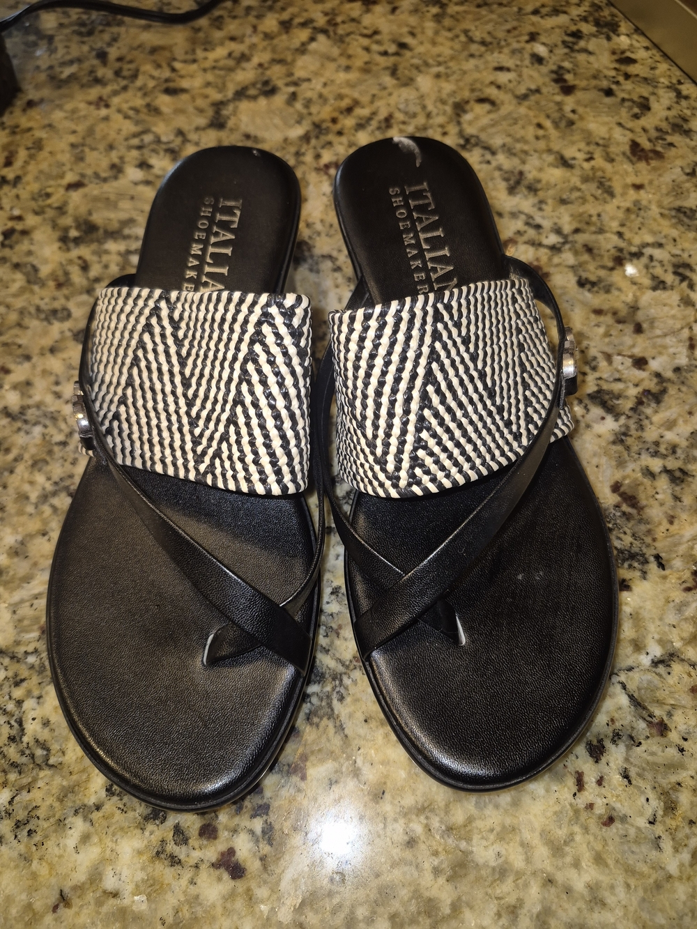 Italian Shoemakers Black and White Woven Strap Slide Sandals